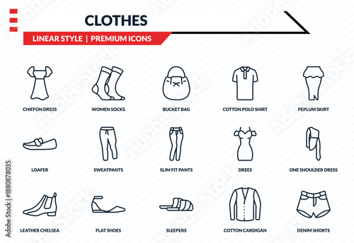 clothes icons set - chiffon dress, women socks, loafer, sleepers, denim shorts outline vector collection.