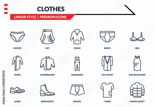 clothes icons set - panties, kilt, kurta, boxers, puffer jacket outline vector collection.