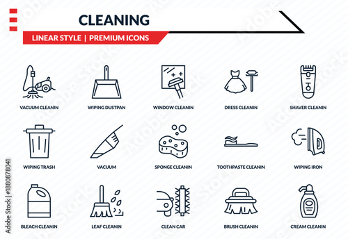 cleaning icons set - vacuum cleanin, wiping dustpan, wiping trash, clean car, cream cleanin outline vector collection.