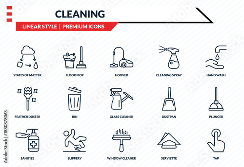 cleaning icons set - states of matter, floor mop, feather duster, window cleaner, tap outline vector collection.