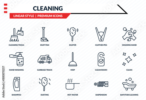cleaning icons set - cleaning tools, dust pan, hand washing, hot water, bathtub cleaning outline vector collection.