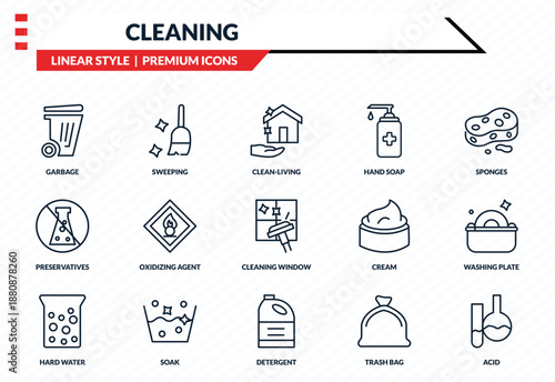 cleaning icons set - garbage, sweeping, preservatives, detergent, acid outline vector collection.