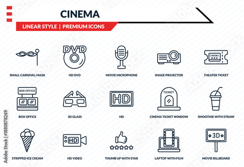 cinema icons set - small carnival mask, hd dvd, box office, thumb up with star, movie billboard outline vector collection.