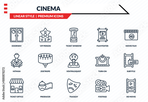 cinema icons set - doorway, vip person, hitman, tragedy, hd movie outline vector collection.