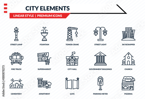 city elements icons set - street lamp, fountain, fire truck, gate, pizzeria outline vector collection.