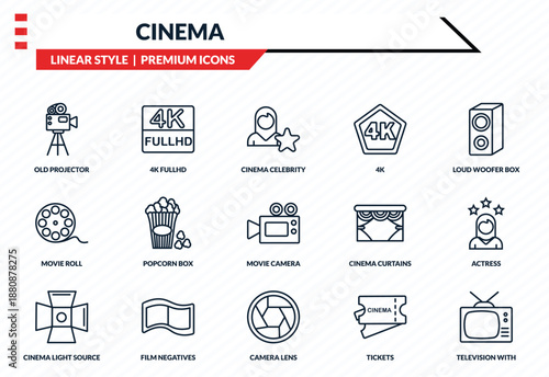 cinema icons set - old projector, 4k fullhd, movie roll, camera lens, television with antenna outline vector collection.