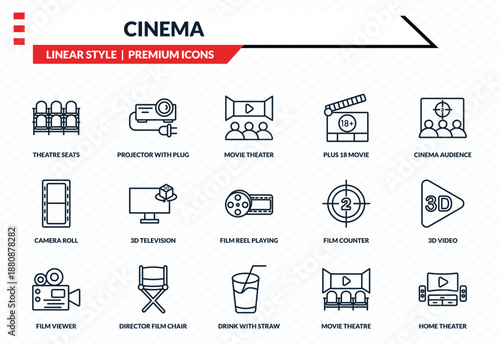 cinema icons set - theatre seats, projector with plug, camera roll, drink with straw, home theater outline vector collection.