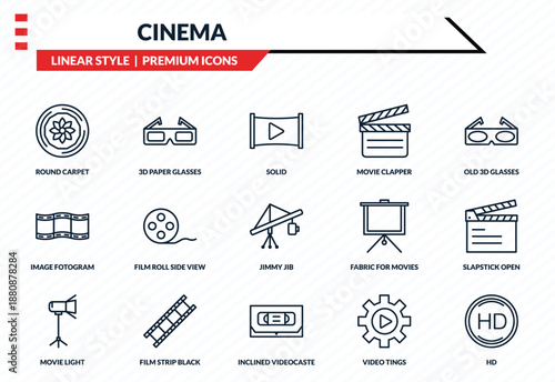 cinema icons set - round carpet, 3d paper glasses, image fotogram, inclined videocaste, hd outline vector collection.