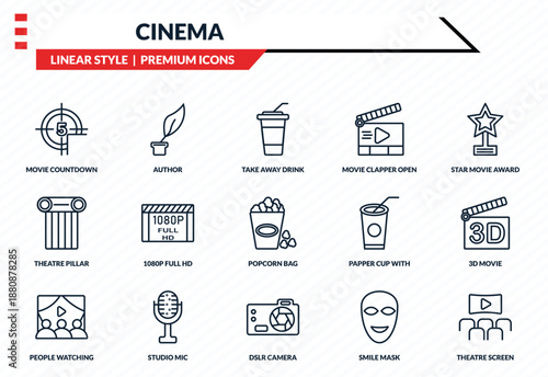 cinema icons set - movie countdown, author, theatre pillar, dslr camera, theatre screen outline vector collection.