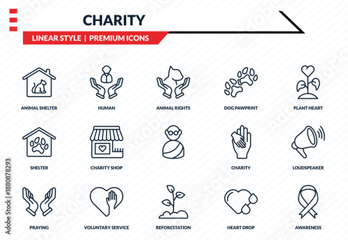 charity icons set - animal shelter, human, shelter, reforestation, awareness outline vector collection.