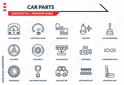 car parts icons set - car ammeter, car petrol gauge, horn, hard top, bucket seat outline vector collection.
