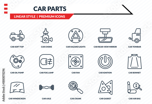 car parts icons set - car soft top, car choke, oil pump, crank, air bag outline vector collection.