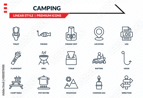 camping icons set - toilet, fishing, flashlight, mountain, direction outline vector collection.