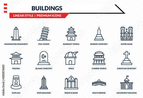 buildings icons set - washington monument, pisa tower, pagoda, reserve bank, goverment building outline vector collection.