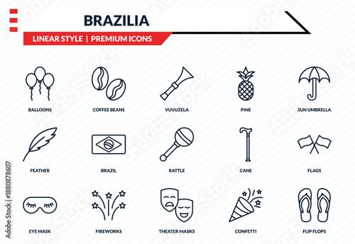 brazilia icons set - balloons, coffee beans, feather, theater masks, flip flops outline vector collection.