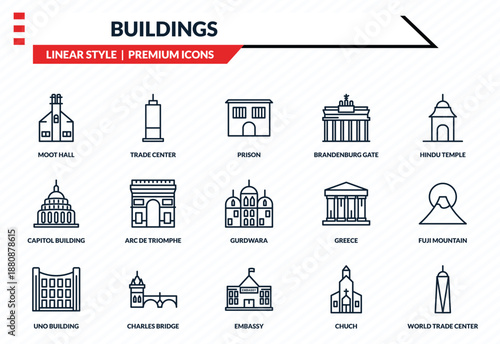 buildings icons set - moot hall, trade center, capitol building, embassy, world trade center outline vector collection.