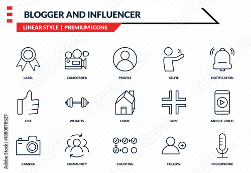 blogger and influencer icons set - label, camcorder, like, counting, microphone outline vector collection.