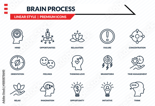 brain process icons set - mind, opportunities, orientation, opportunity, think outline vector collection.