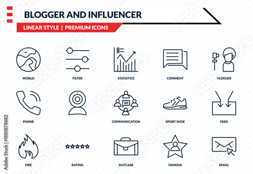 blogger and influencer icons set - world, filter, phone, suitcase, email outline vector collection.