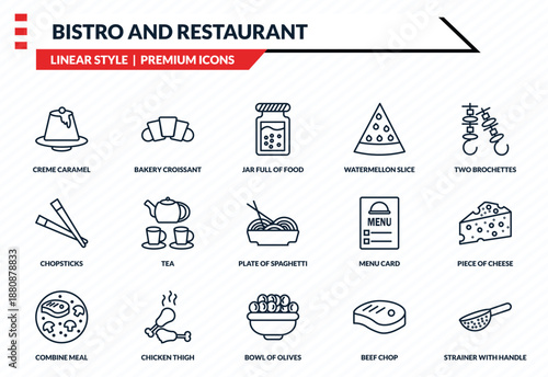 bistro and restaurant icons set - creme caramel, bakery croissant, chopsticks, bowl of olives, strainer with handle outline vector collection.