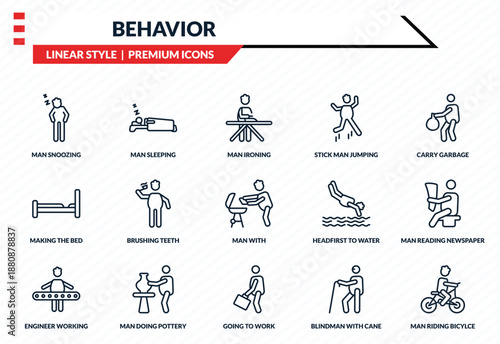 behavior icons set - man snoozing, man sleeping, making the bed, going to work, man riding bicylce outline vector collection.