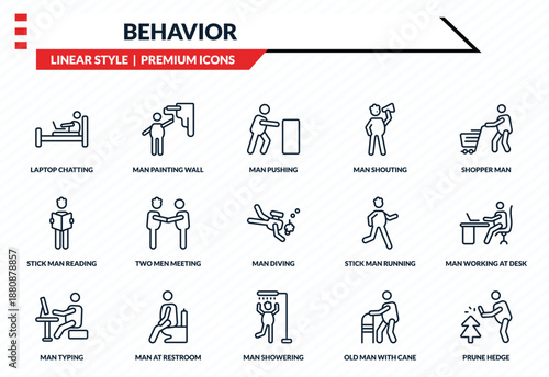 behavior icons set - laptop chatting on bed, man painting wall, stick man reading, man showering, prune hedge outline vector collection.