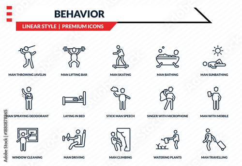 behavior icons set - man throwing javelin, man lifting bar, man spraying deodorant, climbing, travelling outline vector collection.