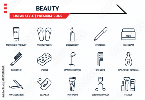 beauty icons set - moustache product, two flip flops, hair comb, hair razor, makeup outline vector collection.