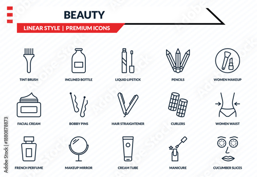 beauty icons set - tint brush, inclined bottle, facial cream, cream tube, cucumber slices on face outline vector collection.