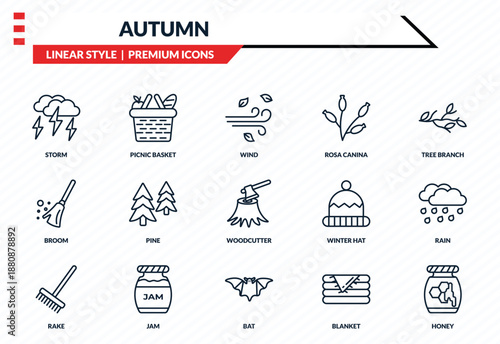autumn icons set - storm, picnic basket, broom, bat, honey outline vector collection.