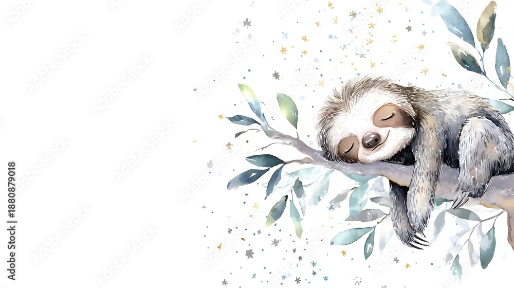 Naklejka premium Watercolor Illustration Cute Baby Sloth Sleeping on Tree Branch Watercolor Illustration. Whimsical Nursery Art and Wildlife Concept. Sleeping sloth on a tree branch with a celestial pastel background.