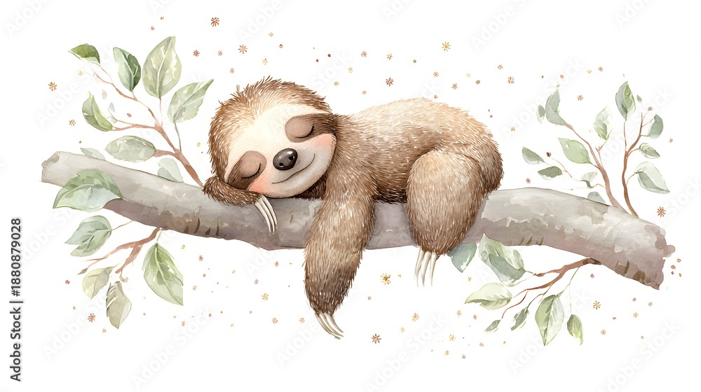 Fototapeta premium Watercolor Illustration Cute Baby Sloth Sleeping on Tree Branch Watercolor Illustration. Whimsical Nursery Art and Wildlife Concept. Sleeping sloth on a tree branch with a celestial pastel background.