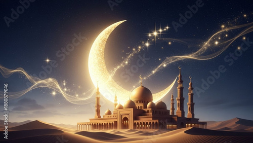 Golden mosque silhouette with illuminated crescent moon against a night sky backdrop evokes a sense of spirituality peace and cultural celebration perfect for ramadan themes