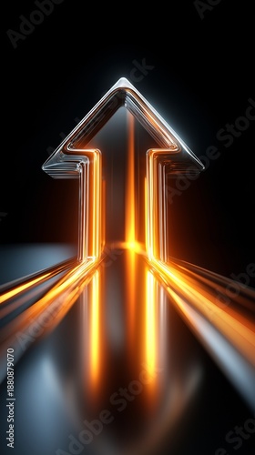 Dynamischer orangefarbener Lichtpfeil zeigt nach oben mit Bewegungsunschärfe und Lichtstreifen
