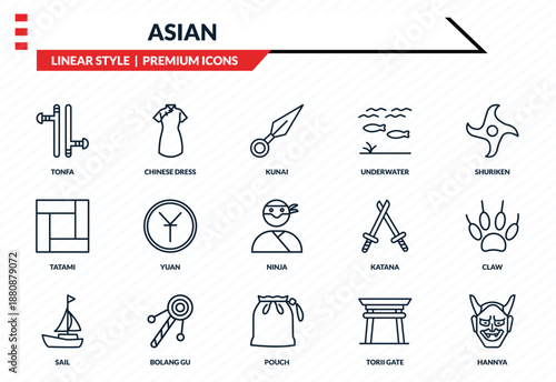asian icons set - tonfa, chinese dress, tatami, pouch, hannya outline vector collection.