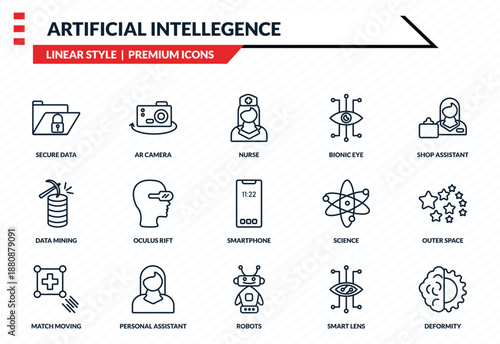 artificial intellegence icons set - secure data, ar camera, data mining, robots, deformity outline vector collection.