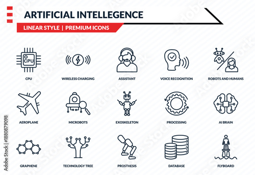 artificial intellegence icons set - cpu, wireless charging, aeroplane, prosthesis, flyboard outline vector collection.