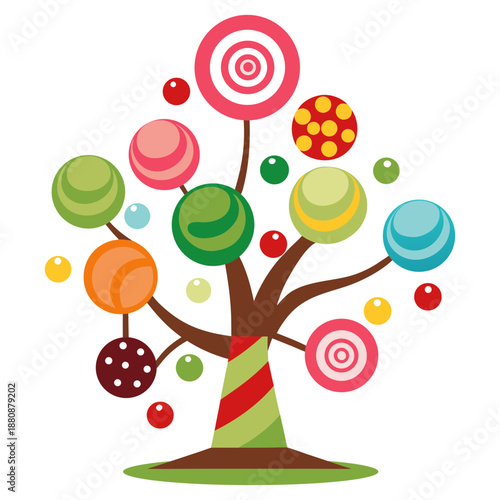 Vector illustration of a tree decorated with various chocolates and lollipops
