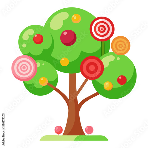 Vector illustration of a tree decorated with various chocolates and lollipops