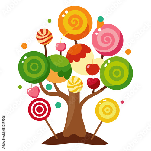 Vector illustration of a tree decorated with various chocolates and lollipops