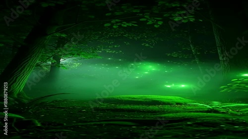 Mysterious forest with glowing green fireflies on a dark night
