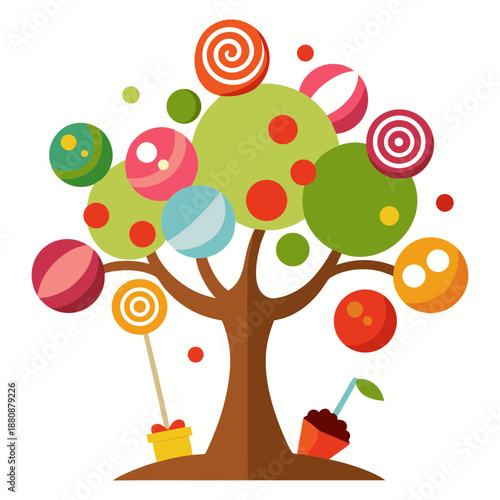 Vector illustration of a tree decorated with various chocolates and lollipops