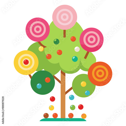 Vector illustration of a tree decorated with various chocolates and lollipops