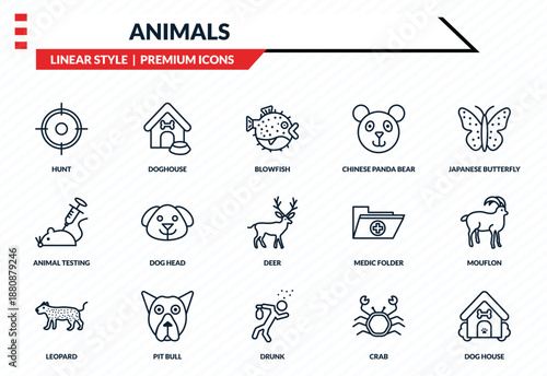 animals icons set - hunt, doghouse, animal testing, drunk, dog house outline vector collection.