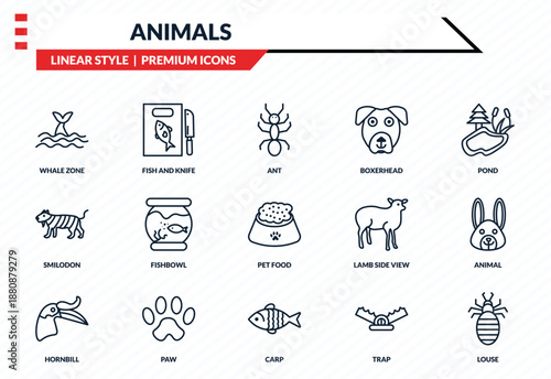 animals icons set - whale zone, fish and knife, smilodon, carp, louse outline vector collection.