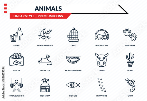animals icons set - litter, moon and bats, caviar, fish eye, grub outline vector collection.