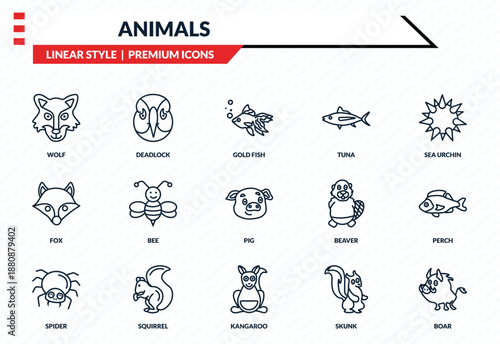animals icons set - wolf, deadlock, fox, kangaroo, boar outline vector collection.