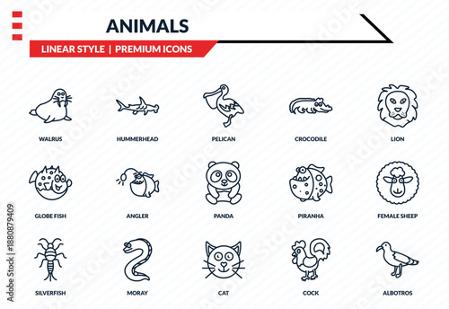 animals icons set - walrus, hummerhead, globe fish, cat, albotros outline vector collection.