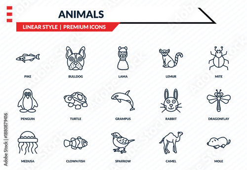 animals icons set - pike, bulldog, penguin, sparrow, mole outline vector collection.