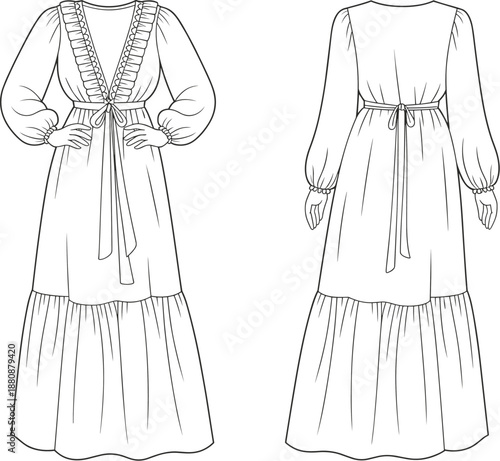 Elegant fashion illustration, long sleeve tiered dress, deep V-neck, ruffled trim, sash waist, front and back view